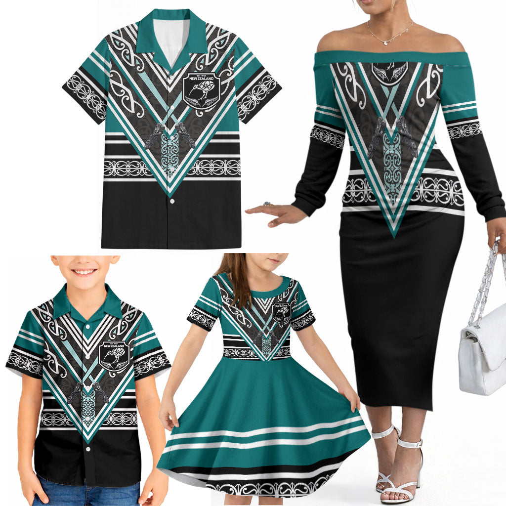 New Zealand Maori Rugby Custom Family Matching Off The Shoulder Long Sleeve Dress and Hawaiian Shirt Aotearoa Koru Geometric - Oceanic Color