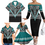 New Zealand Maori Rugby Custom Family Matching Off The Shoulder Long Sleeve Dress and Hawaiian Shirt Aotearoa Koru Geometric - Oceanic Color