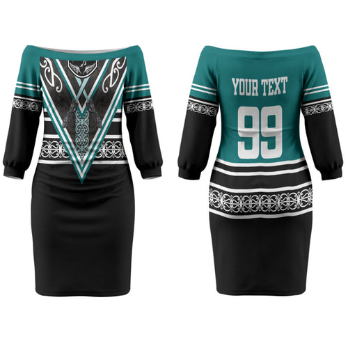 New Zealand Maori Rugby Custom Family Matching Off The Shoulder Long Sleeve Dress and Hawaiian Shirt Aotearoa Koru Geometric - Oceanic Color