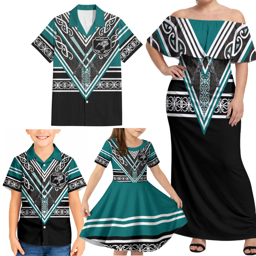New Zealand Maori Rugby Custom Family Matching Off Shoulder Maxi Dress and Hawaiian Shirt Aotearoa Koru Geometric - Oceanic Color