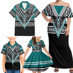 New Zealand Maori Rugby Custom Family Matching Off Shoulder Maxi Dress and Hawaiian Shirt Aotearoa Koru Geometric - Oceanic Color
