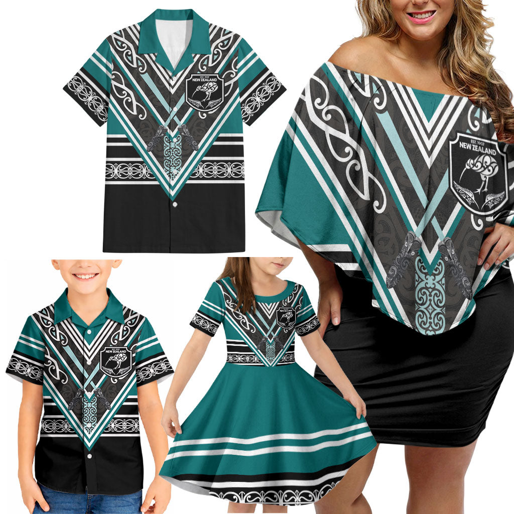 New Zealand Maori Rugby Custom Family Matching Off Shoulder Short Dress and Hawaiian Shirt Aotearoa Koru Geometric - Oceanic Color