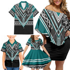 New Zealand Maori Rugby Custom Family Matching Off Shoulder Short Dress and Hawaiian Shirt Aotearoa Koru Geometric - Oceanic Color