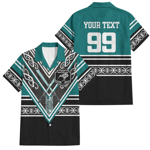 New Zealand Maori Rugby Custom Family Matching Off Shoulder Short Dress and Hawaiian Shirt Aotearoa Koru Geometric - Oceanic Color