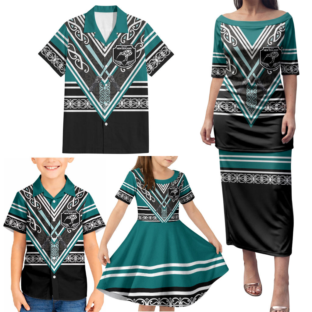 New Zealand Maori Rugby Custom Family Matching Puletasi and Hawaiian Shirt Aotearoa Koru Geometric - Oceanic Color