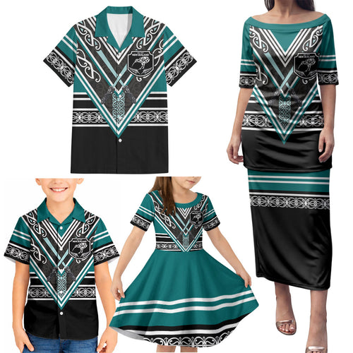 New Zealand Maori Rugby Custom Family Matching Puletasi and Hawaiian Shirt Aotearoa Koru Geometric - Oceanic Color