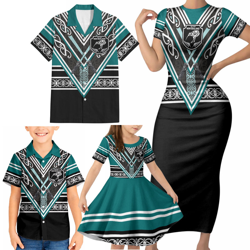 New Zealand Maori Rugby Custom Family Matching Short Sleeve Bodycon Dress and Hawaiian Shirt Aotearoa Koru Geometric - Oceanic Color
