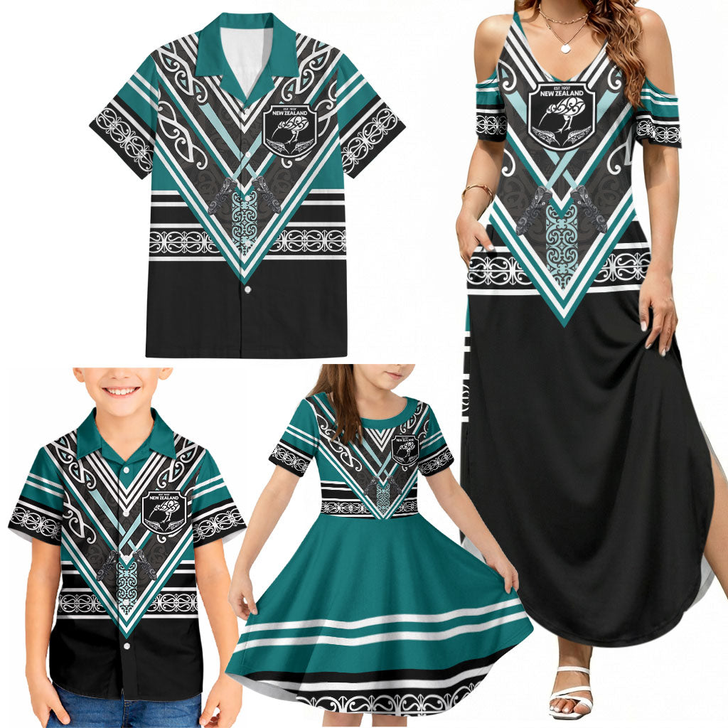 New Zealand Maori Rugby Custom Family Matching Summer Maxi Dress and Hawaiian Shirt Aotearoa Koru Geometric - Oceanic Color