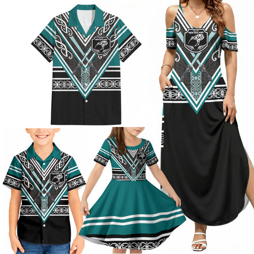 New Zealand Maori Rugby Custom Family Matching Summer Maxi Dress and Hawaiian Shirt Aotearoa Koru Geometric - Oceanic Color