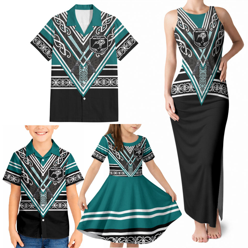 New Zealand Maori Rugby Custom Family Matching Tank Maxi Dress and Hawaiian Shirt Aotearoa Koru Geometric - Oceanic Color
