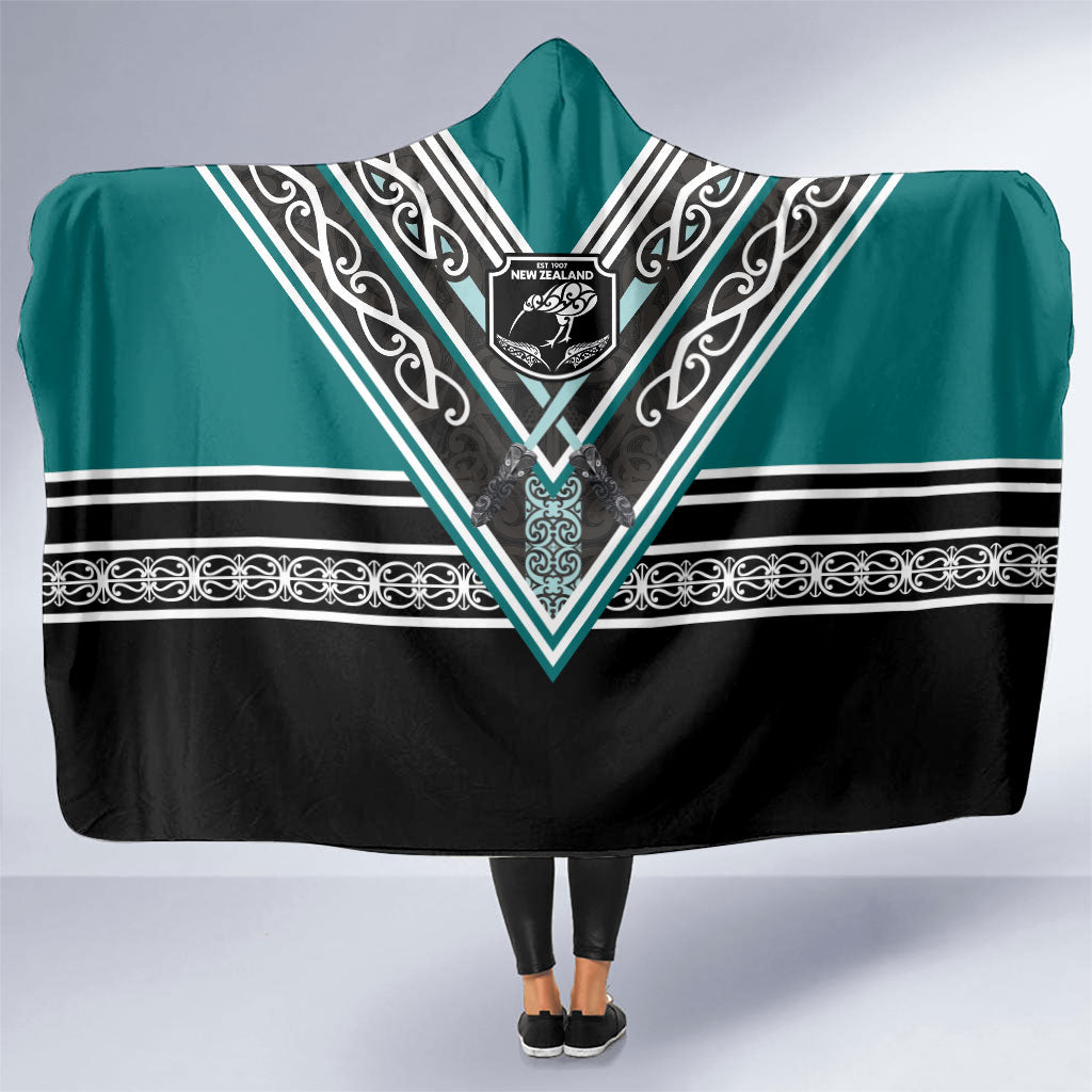 New Zealand Maori Rugby Hooded Blanket Aotearoa Koru Geometric - Oceanic Color
