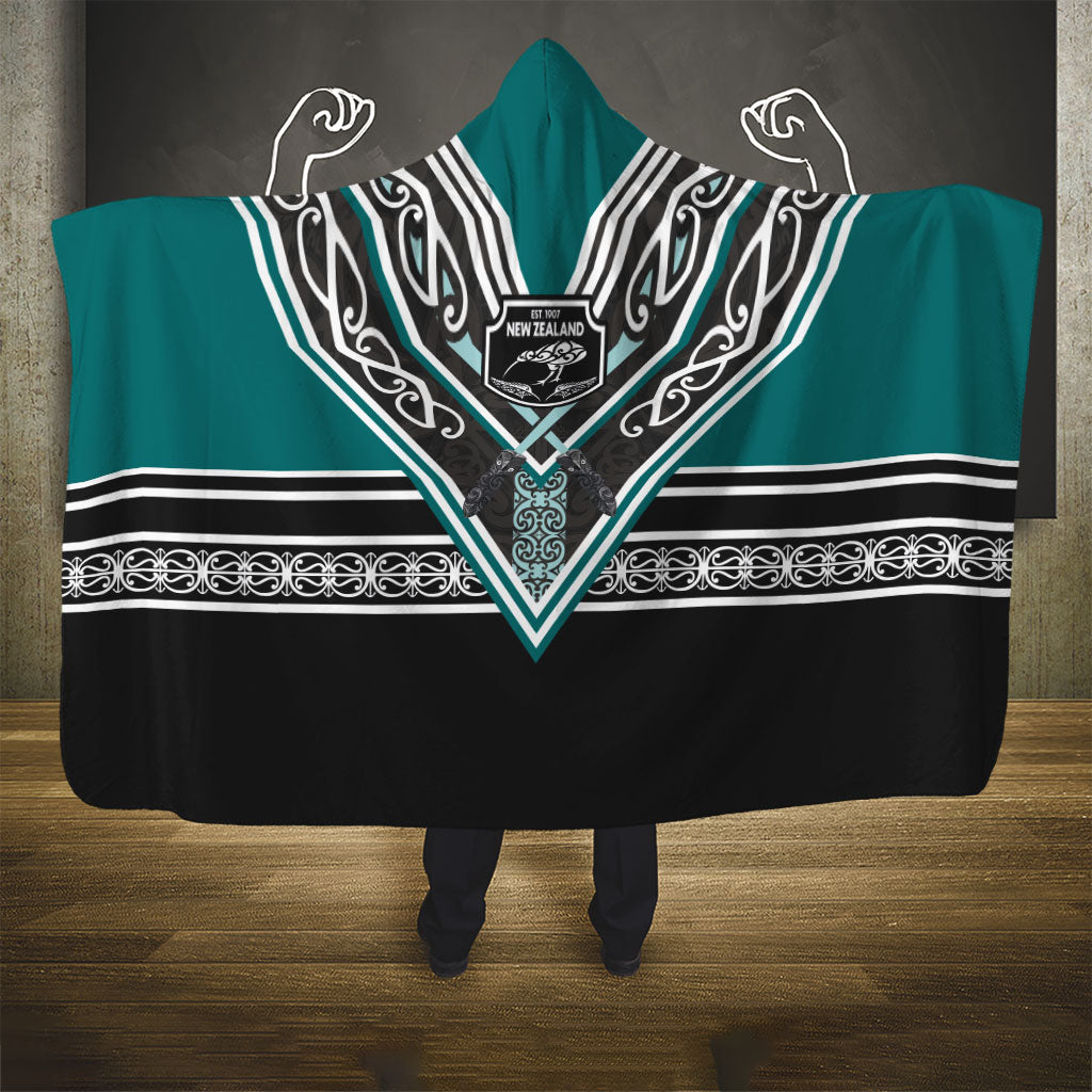New Zealand Maori Rugby Hooded Blanket Aotearoa Koru Geometric - Oceanic Color
