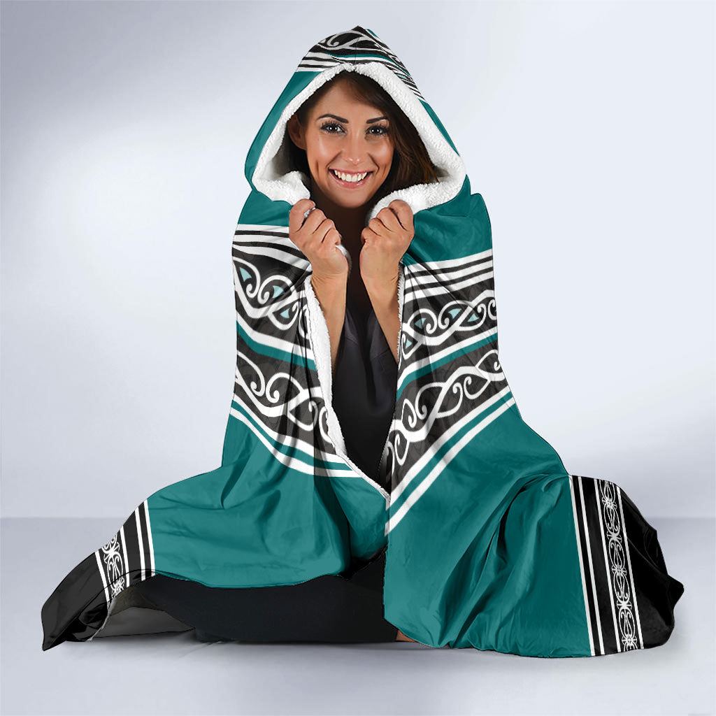 New Zealand Maori Rugby Hooded Blanket Aotearoa Koru Geometric - Oceanic Color
