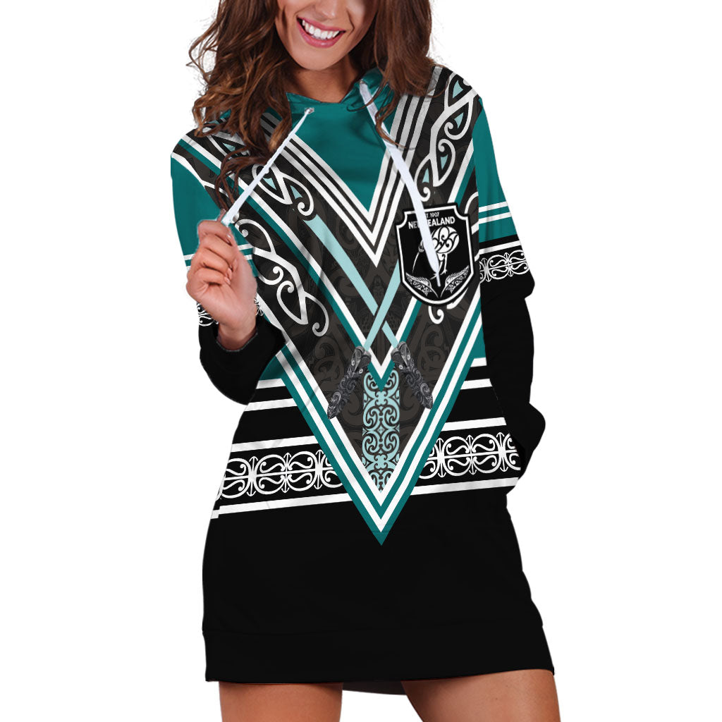New Zealand Maori Rugby Custom Hoodie Dress Aotearoa Koru Geometric - Oceanic Color