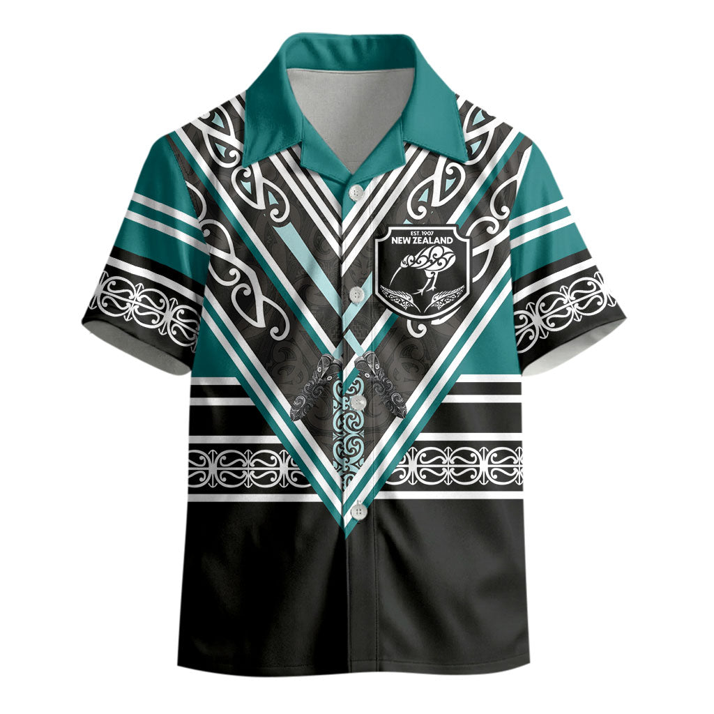New Zealand Maori Rugby Custom Kid Hawaiian Shirt Aotearoa Koru Geometric - Oceanic Color