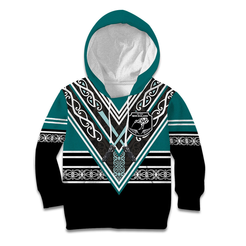 New Zealand Maori Rugby Custom Kid Hoodie Aotearoa Koru Geometric - Oceanic Color