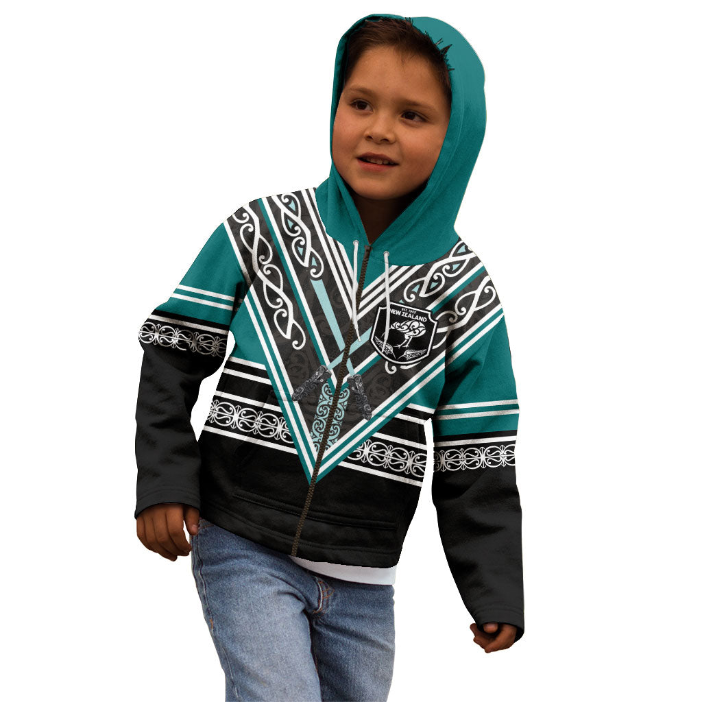 New Zealand Maori Rugby Custom Kid Hoodie Aotearoa Koru Geometric - Oceanic Color
