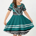 New Zealand Maori Rugby Custom Kid Short Sleeve Dress Aotearoa Koru Geometric - Oceanic Color