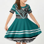 New Zealand Maori Rugby Custom Kid Short Sleeve Dress Aotearoa Koru Geometric - Oceanic Color