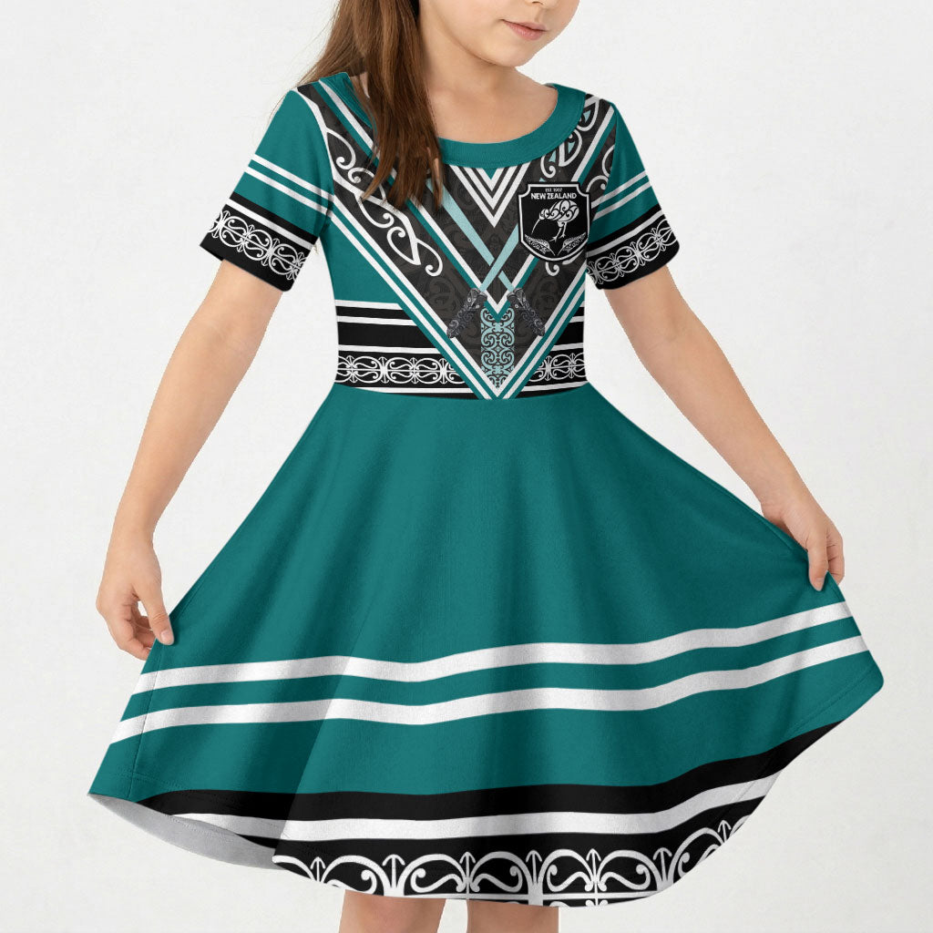 New Zealand Maori Rugby Custom Kid Short Sleeve Dress Aotearoa Koru Geometric - Oceanic Color
