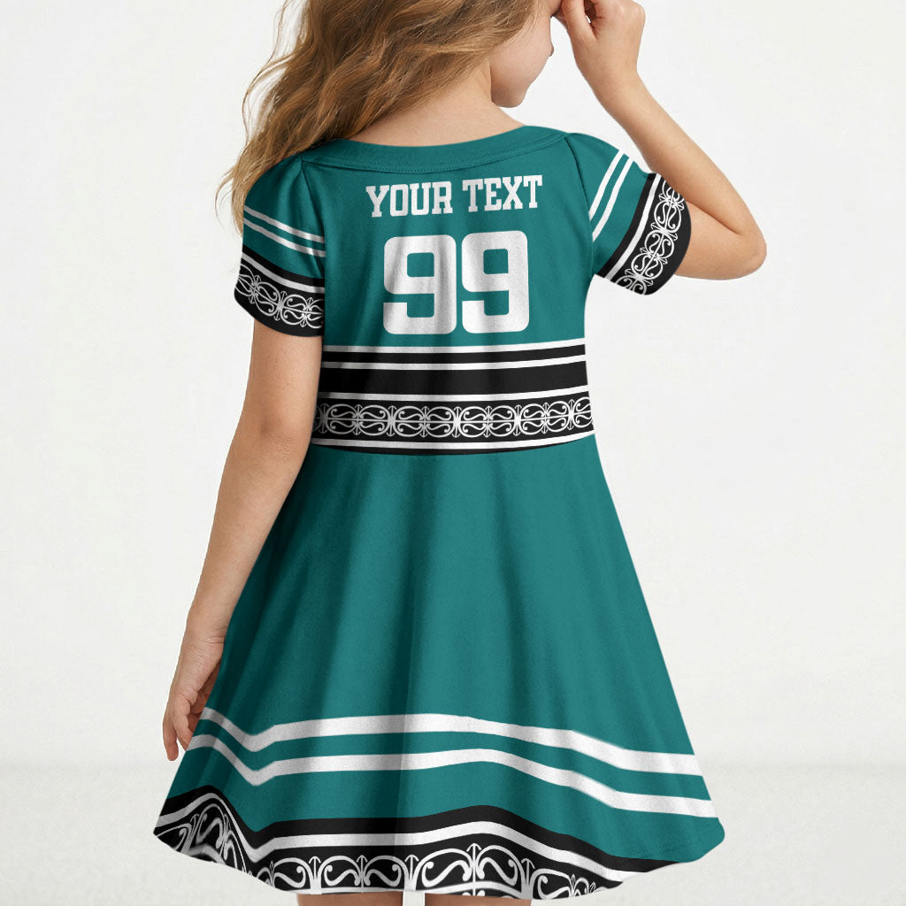 New Zealand Maori Rugby Custom Kid Short Sleeve Dress Aotearoa Koru Geometric - Oceanic Color