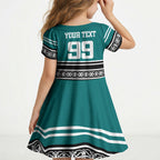 New Zealand Maori Rugby Custom Kid Short Sleeve Dress Aotearoa Koru Geometric - Oceanic Color