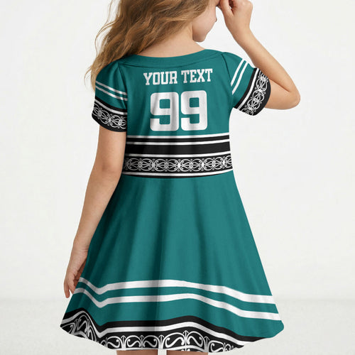New Zealand Maori Rugby Custom Kid Short Sleeve Dress Aotearoa Koru Geometric - Oceanic Color