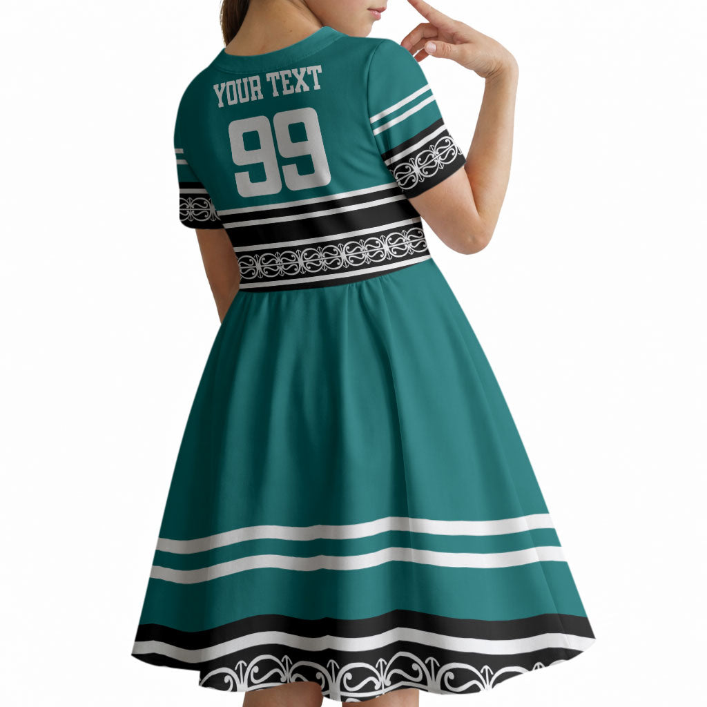 New Zealand Maori Rugby Custom Kid Short Sleeve Dress Aotearoa Koru Geometric - Oceanic Color