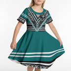 New Zealand Maori Rugby Custom Kid Short Sleeve Dress Aotearoa Koru Geometric - Oceanic Color