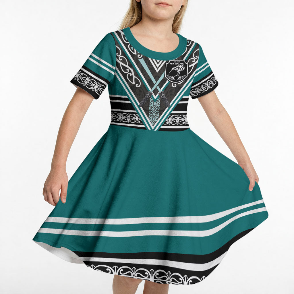New Zealand Maori Rugby Custom Kid Short Sleeve Dress Aotearoa Koru Geometric - Oceanic Color