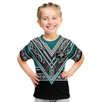 New Zealand Maori Rugby Custom Kid T Shirt Aotearoa Koru Geometric - Oceanic Color