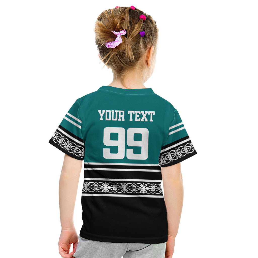 New Zealand Maori Rugby Custom Kid T Shirt Aotearoa Koru Geometric - Oceanic Color