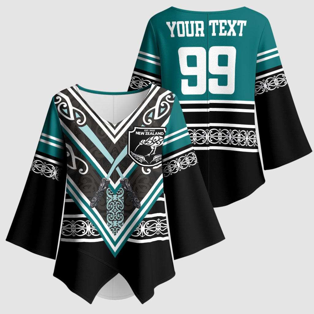 New Zealand Maori Rugby Custom Kimono Sleeve Blouse Aotearoa Koru Geometric - Oceanic Color