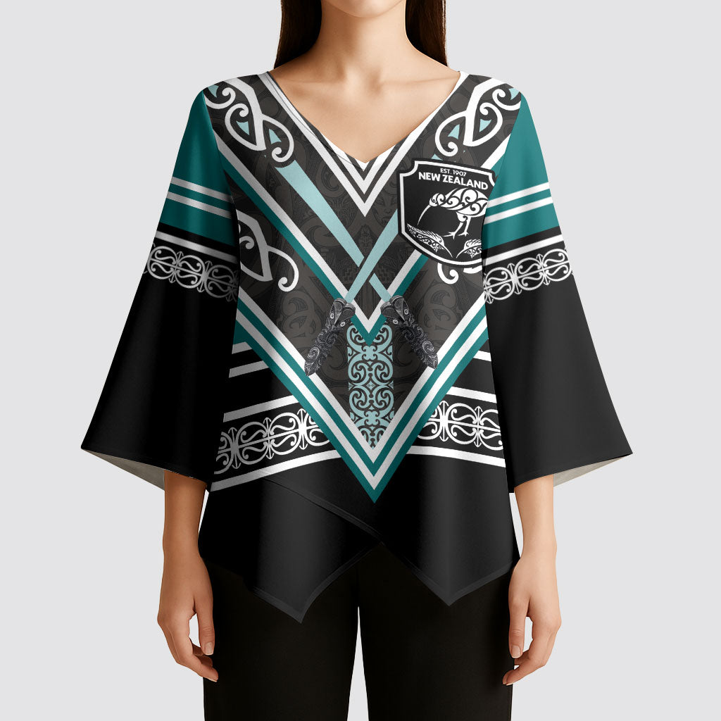 New Zealand Maori Rugby Custom Kimono Sleeve Blouse Aotearoa Koru Geometric - Oceanic Color