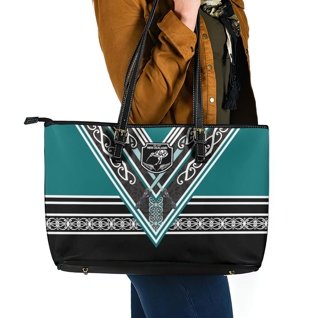 New Zealand Maori Rugby Leather Tote Bag Aotearoa Koru Geometric - Oceanic Color