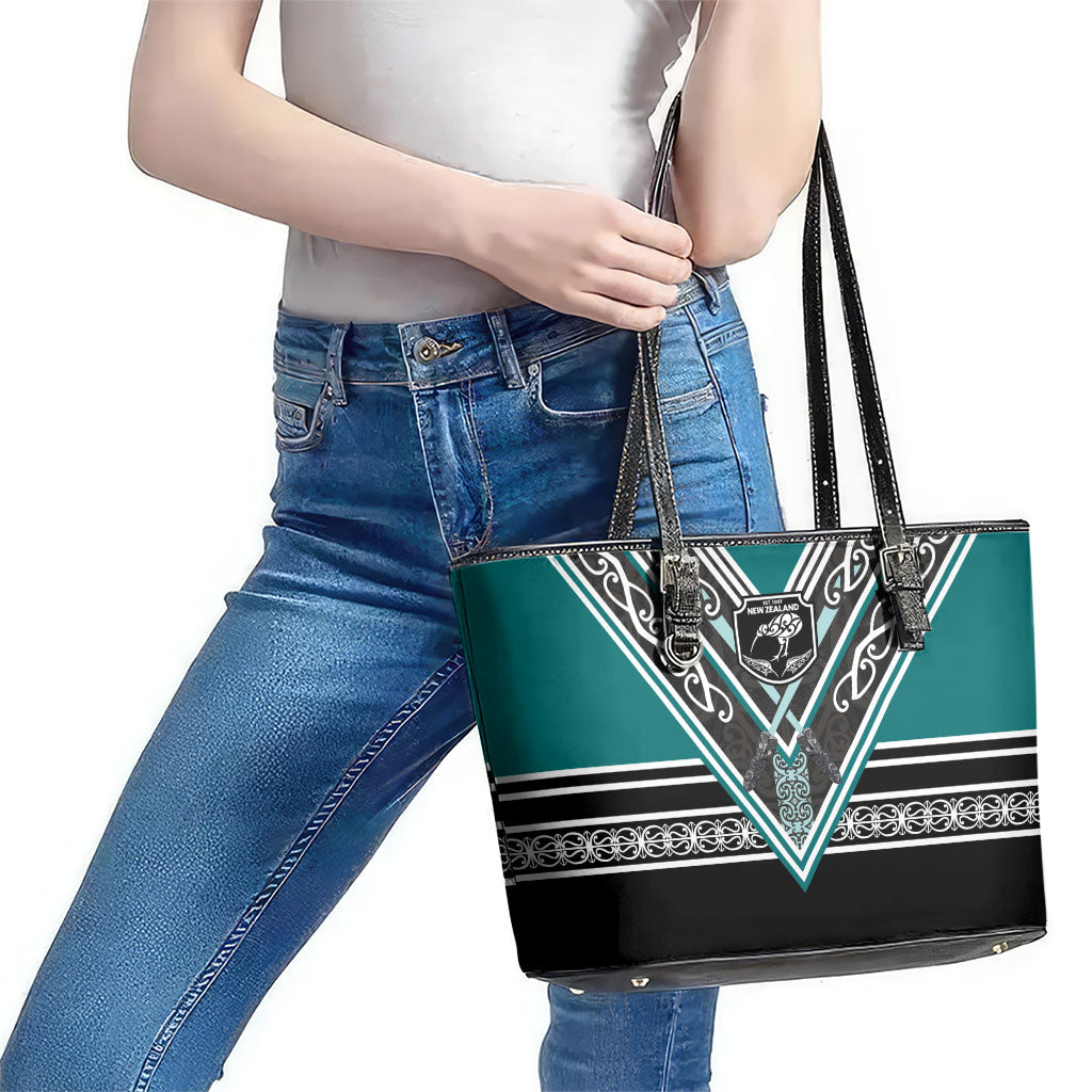 New Zealand Maori Rugby Leather Tote Bag Aotearoa Koru Geometric - Oceanic Color