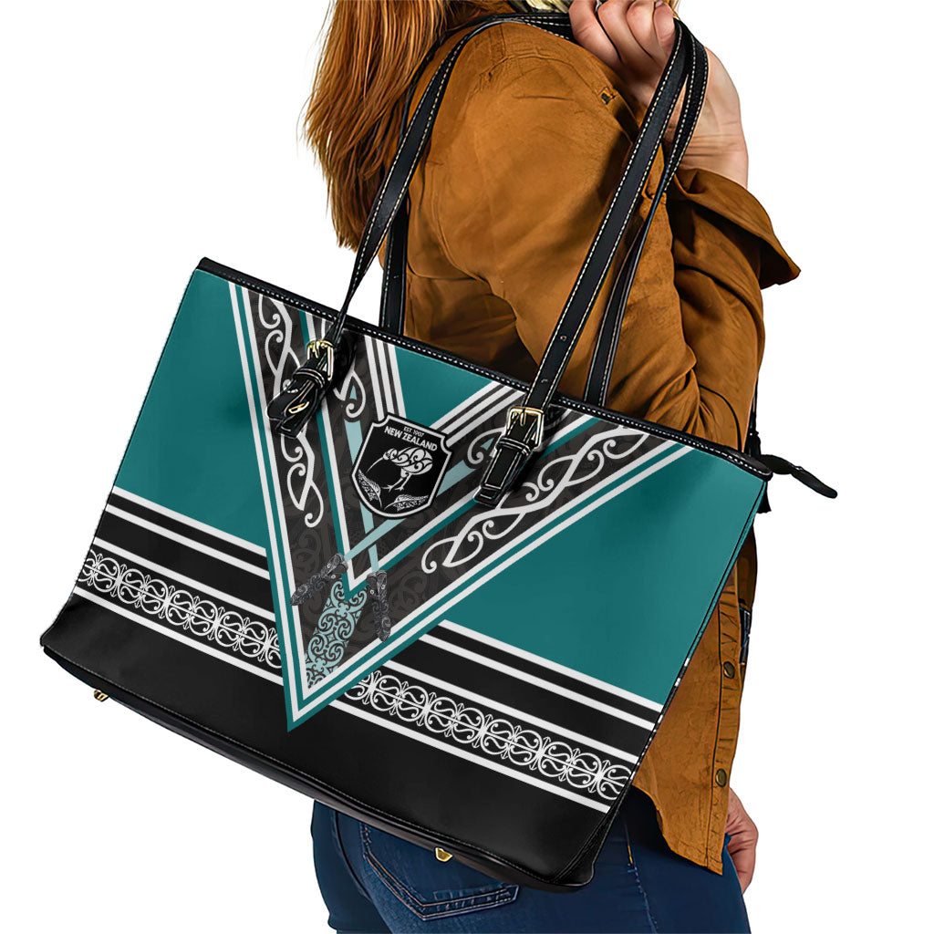 New Zealand Maori Rugby Leather Tote Bag Aotearoa Koru Geometric - Oceanic Color