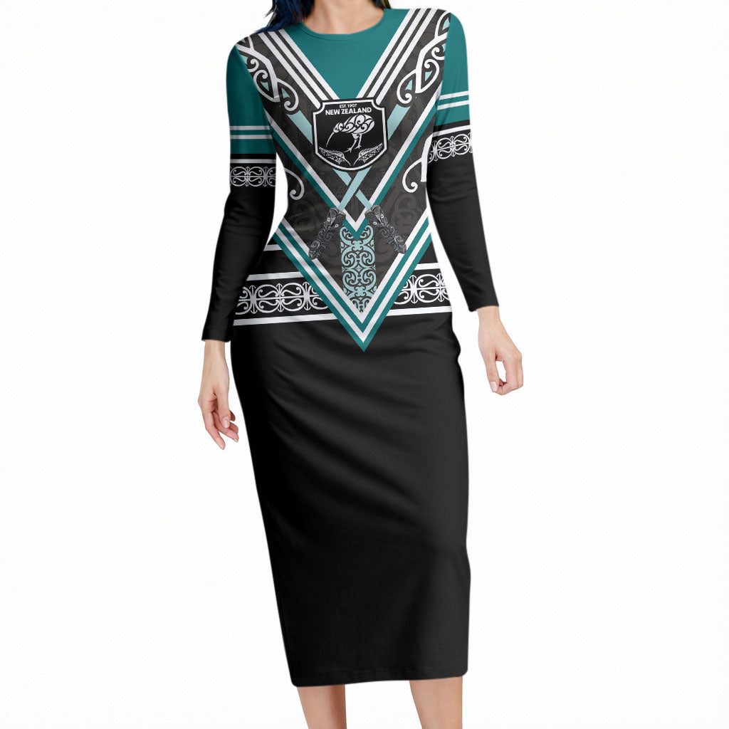 New Zealand Maori Rugby Custom Long Sleeve Bodycon Dress Aotearoa Koru Geometric - Oceanic Color