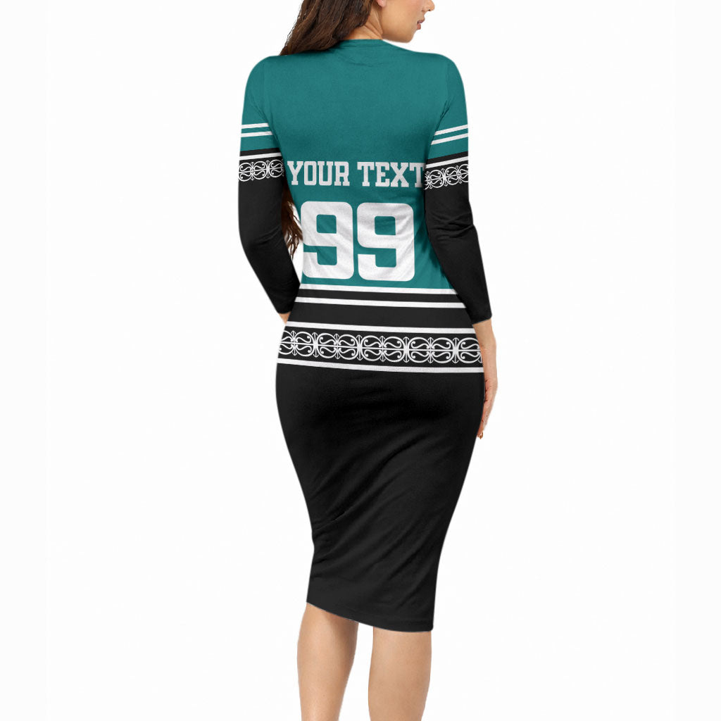 New Zealand Maori Rugby Custom Long Sleeve Bodycon Dress Aotearoa Koru Geometric - Oceanic Color