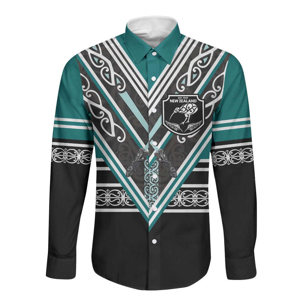 New Zealand Maori Rugby Custom Long Sleeve Button Shirt Aotearoa Koru Geometric - Oceanic Color