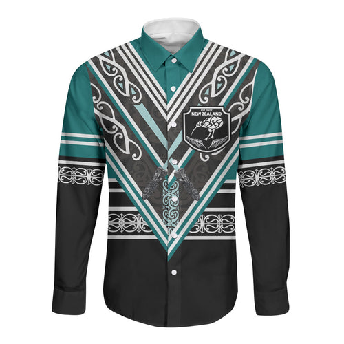 New Zealand Maori Rugby Custom Long Sleeve Button Shirt Aotearoa Koru Geometric - Oceanic Color