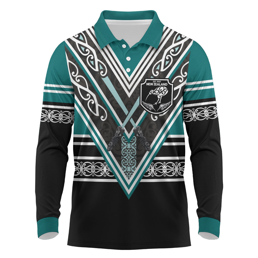 New Zealand Maori Rugby Custom Long Sleeve Polo Shirt Aotearoa Koru Geometric - Oceanic Color