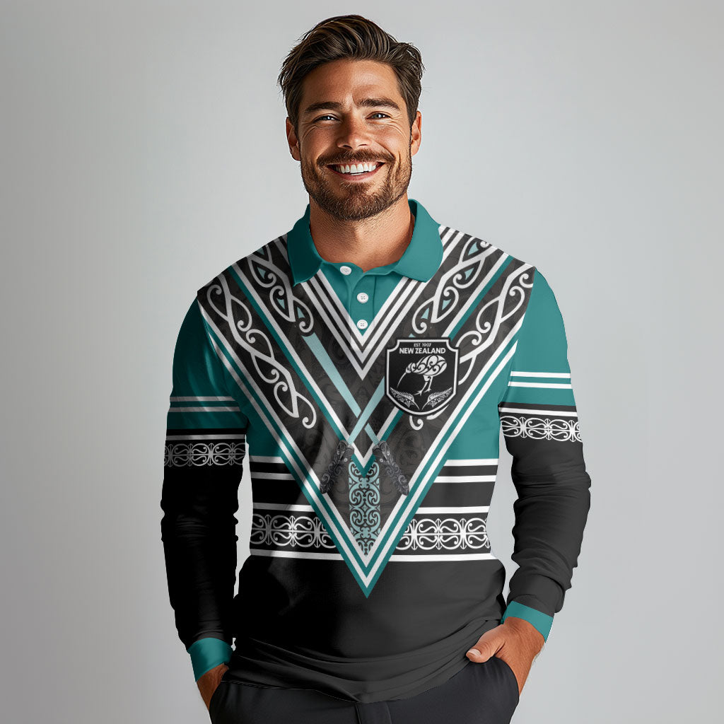 New Zealand Maori Rugby Custom Long Sleeve Polo Shirt Aotearoa Koru Geometric - Oceanic Color