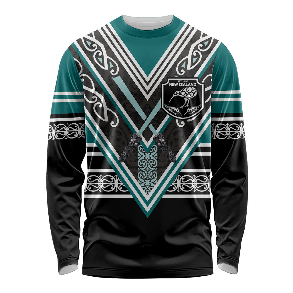 New Zealand Maori Rugby Custom Long Sleeve Shirt Aotearoa Koru Geometric - Oceanic Color