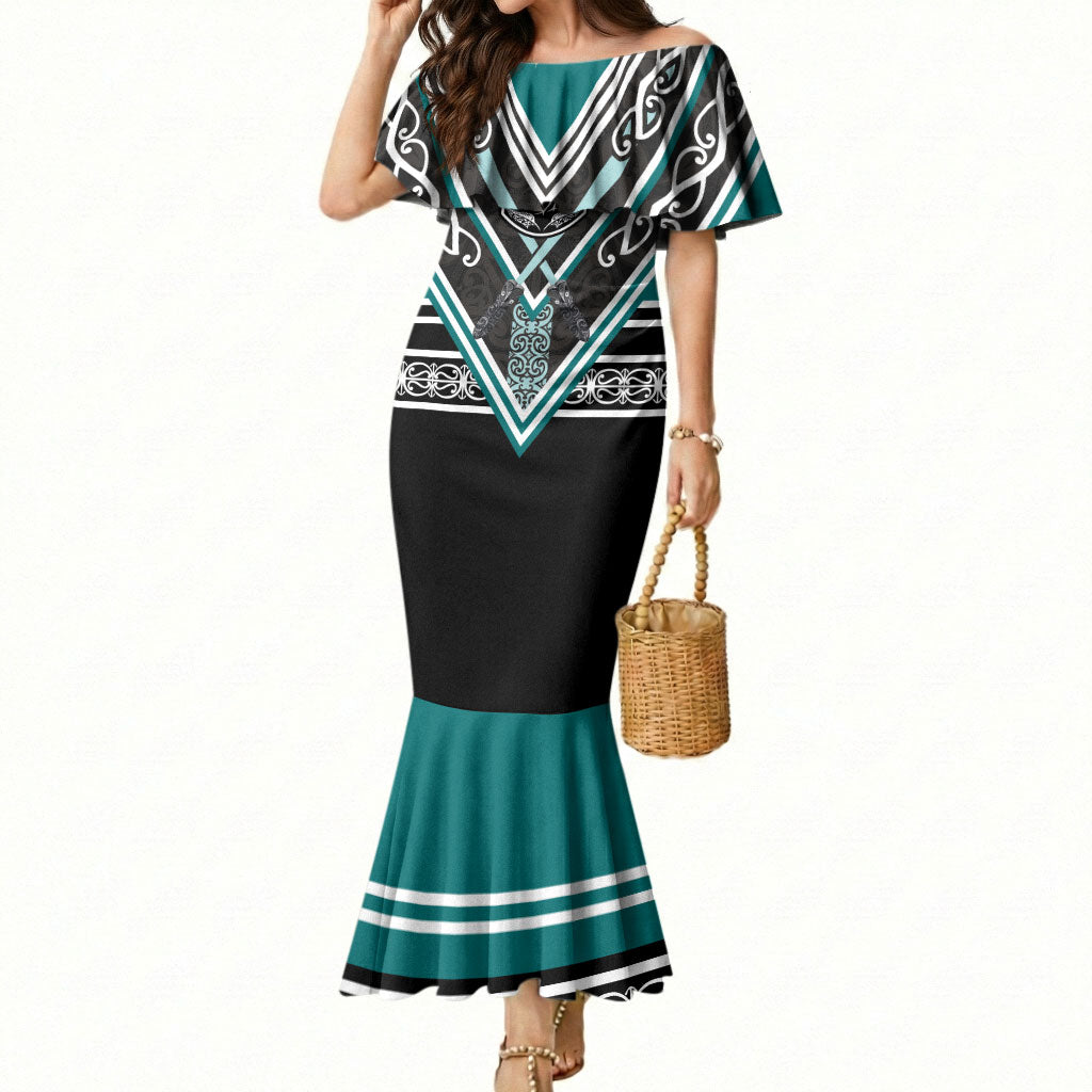 New Zealand Maori Rugby Custom Mermaid Dress Aotearoa Koru Geometric - Oceanic Color