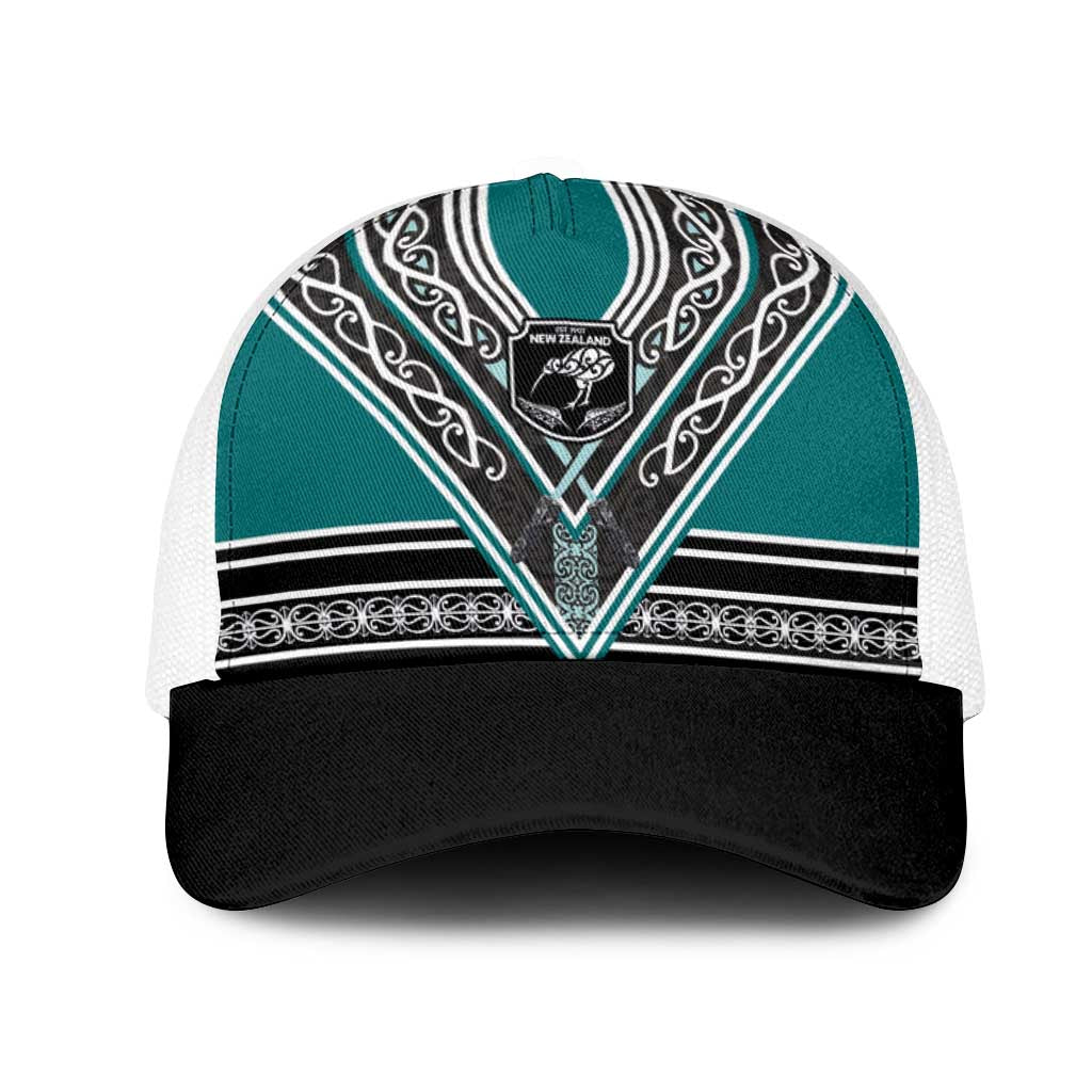 New Zealand Maori Rugby Mesh Trucker Cap Aotearoa Koru Geometric - Oceanic Color