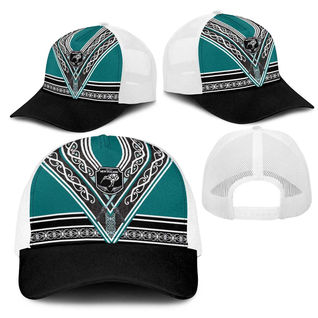 New Zealand Maori Rugby Mesh Trucker Cap Aotearoa Koru Geometric - Oceanic Color