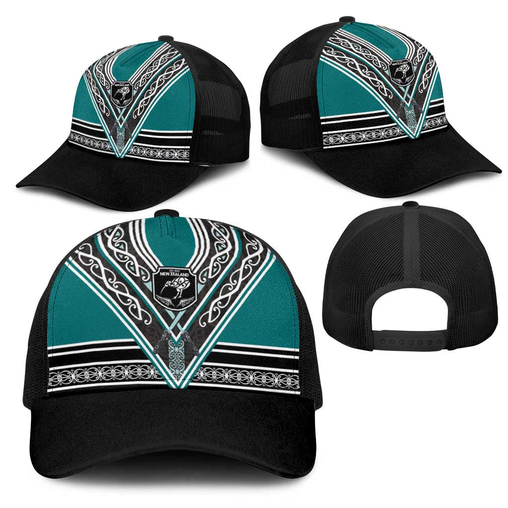 New Zealand Maori Rugby Mesh Trucker Cap Aotearoa Koru Geometric - Oceanic Color