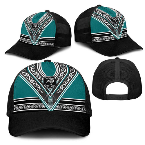 New Zealand Maori Rugby Mesh Trucker Cap Aotearoa Koru Geometric - Oceanic Color