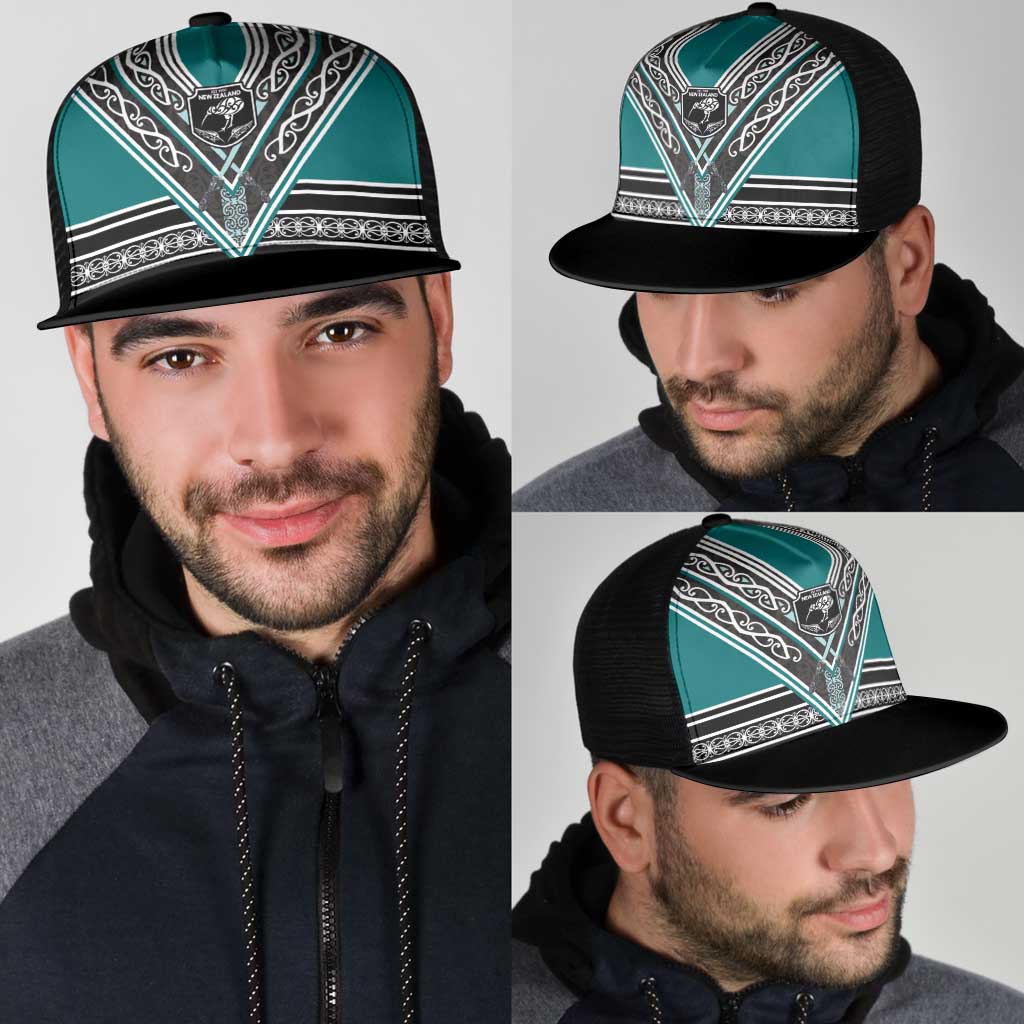 New Zealand Maori Rugby Mesh Trucker Cap Aotearoa Koru Geometric - Oceanic Color